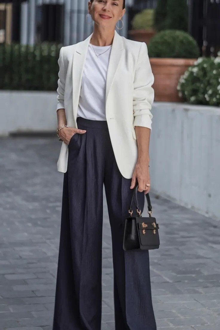White blazer with wide navy trousers, power casual fall outfit for women over 40