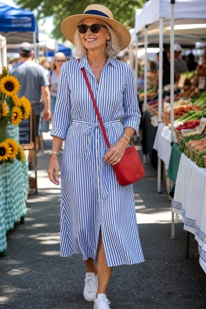Blue and white striped shirt dress with a sun hat at a market, summer dress for older women