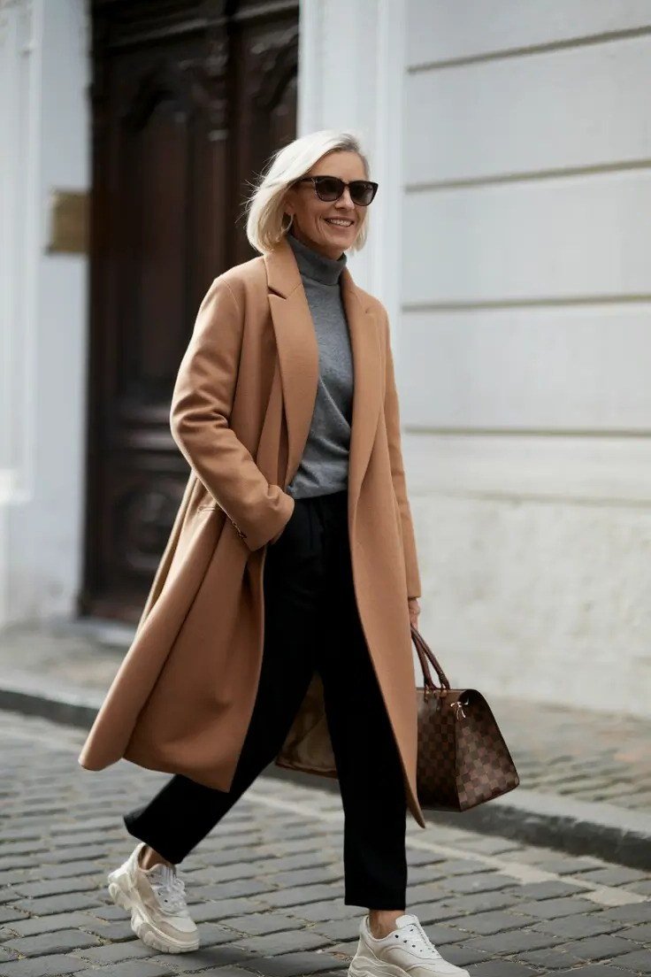 Camel coat with dark skinny jeans on a cobblestone street, chic fall outfit for women over 40