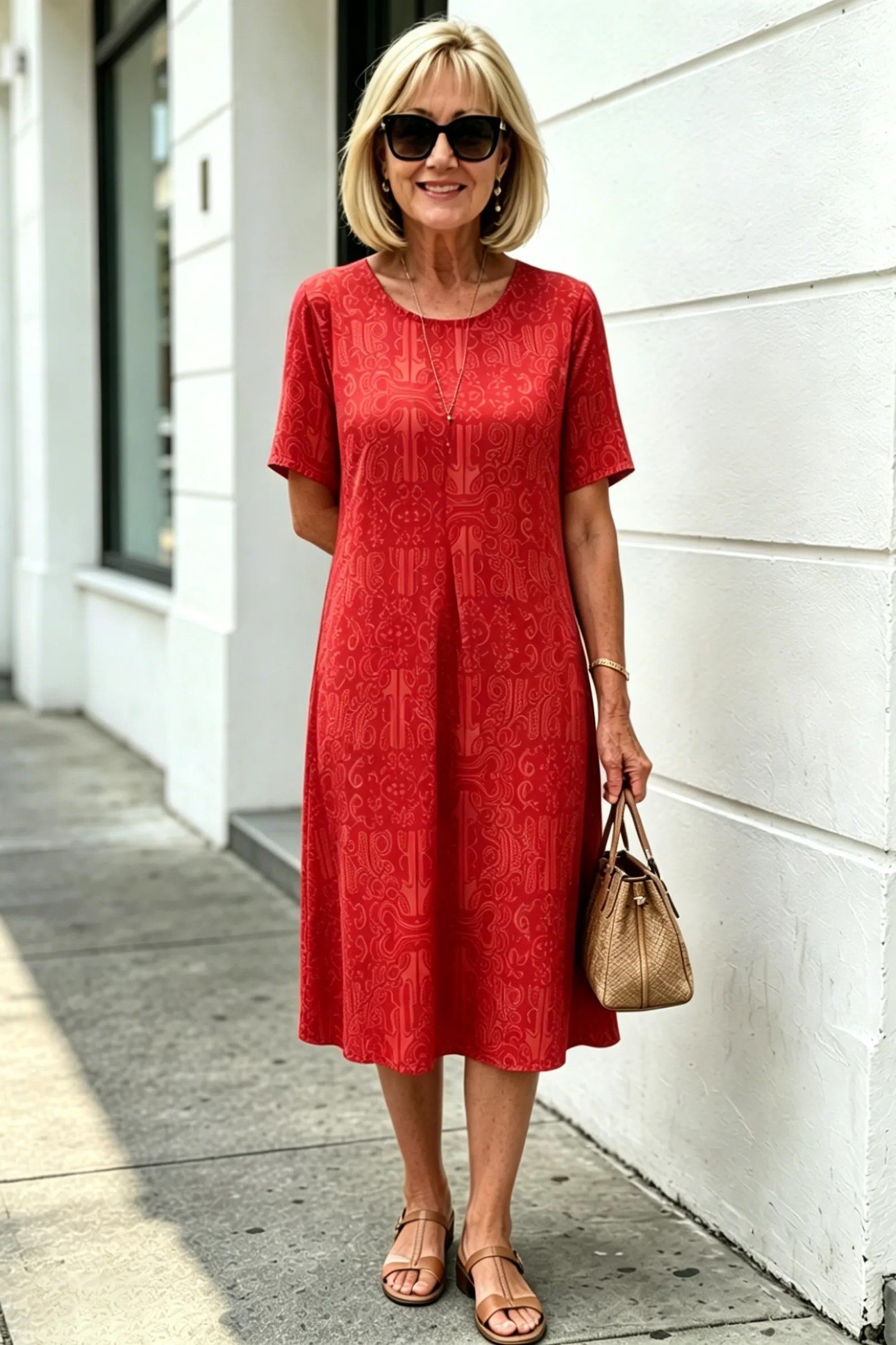 Red textured knee-length dress with short sleeves, bold summer look for women over 60