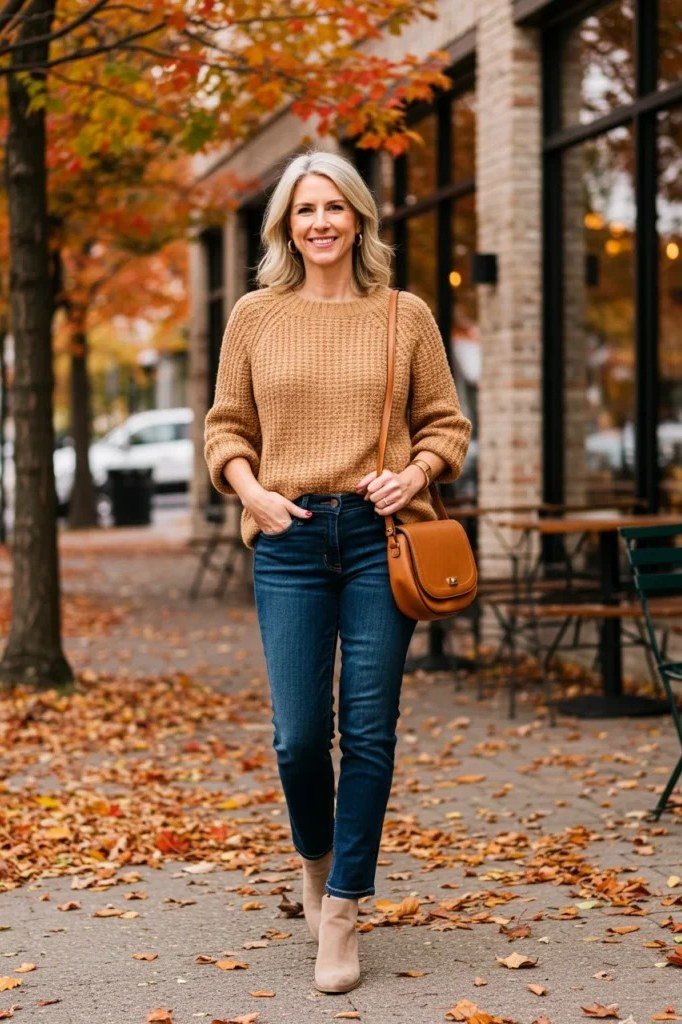 Camel sweater with blue jeans on an autumn street, classic fall outfit for women over 40