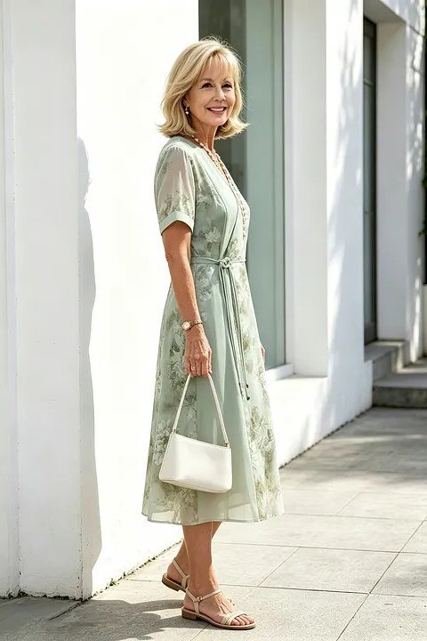 Sage green button-front midi dress on a porch, relaxed summer style for mature women