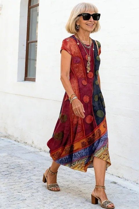 Red patchwork midi dress with short sleeves on a city street, artistic summer outfit for women over 60