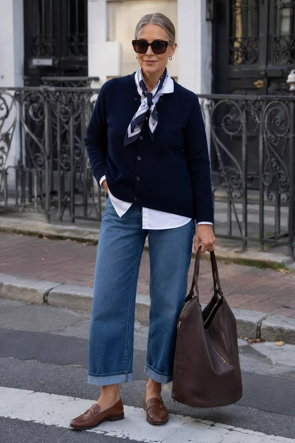 Navy cardigan with blue jeans, tonal denim fall outfit for mature women