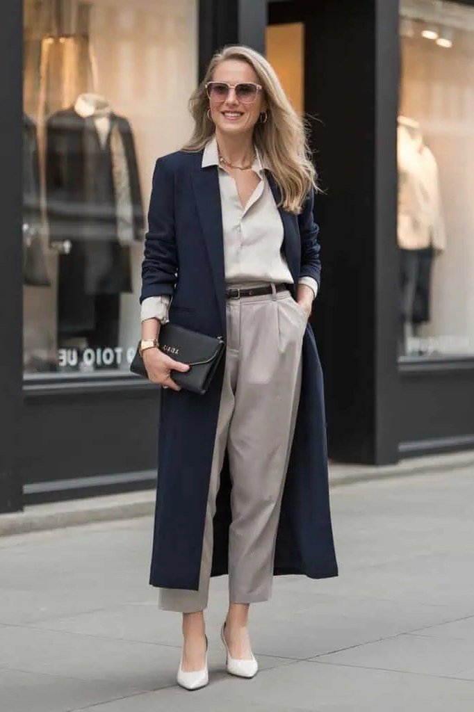 Navy coat with beige wide-leg trousers on the street, elegant fall outerwear for mature women