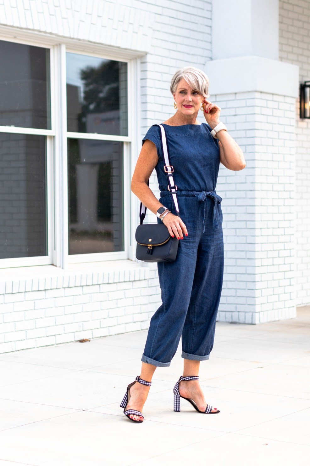 Navy blue jumpsuit with heels, one-piece fall outfit for women over 40