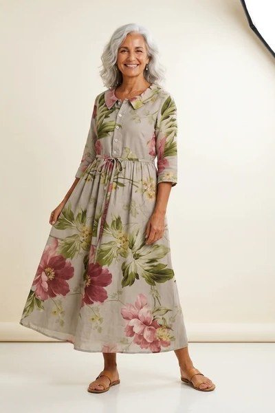 Gray-green floral midi dress with three-quarter sleeves, soft summer sophistication for mature women