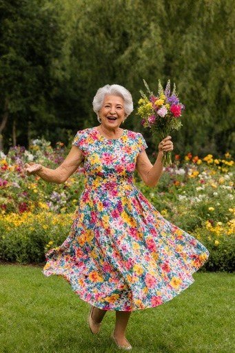 Rainbow floral midi dress dancing in a garden with flowers, joyful summer style for older women
