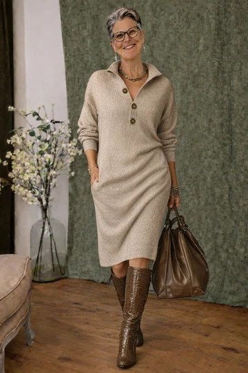 Beige sweater dress with brown boots, simple fall dress outfit for mature women
