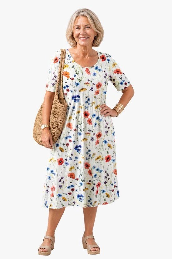 White midi dress with small colorful florals and a straw bag, fresh summer outfit for women over 60