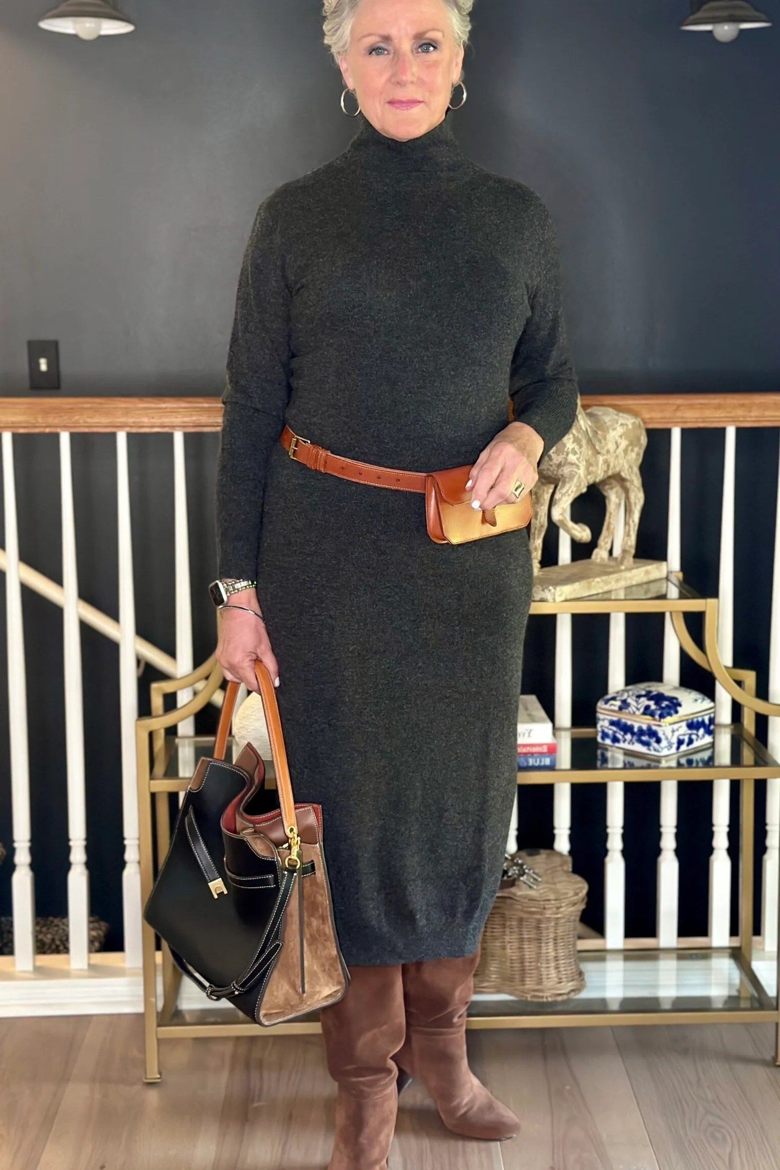 Grey turtleneck sweater dress with brown belt, defined waist fall outfit for women over 40