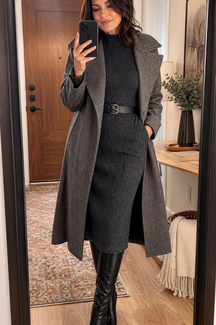 Grey wool coat with black boots, timeless fall outfit for women over 40