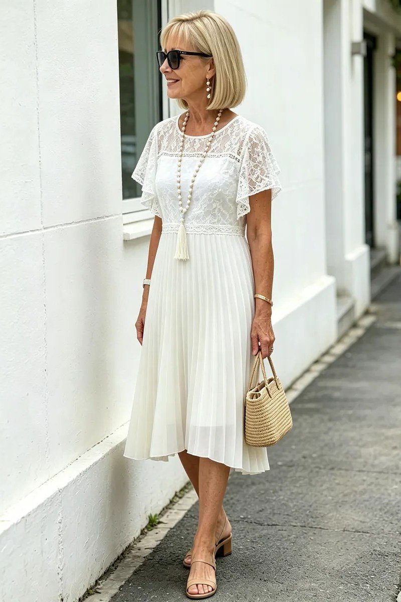 White lace midi dress with a straw mini bag and sunglasses, crisp summer elegance for women over 60