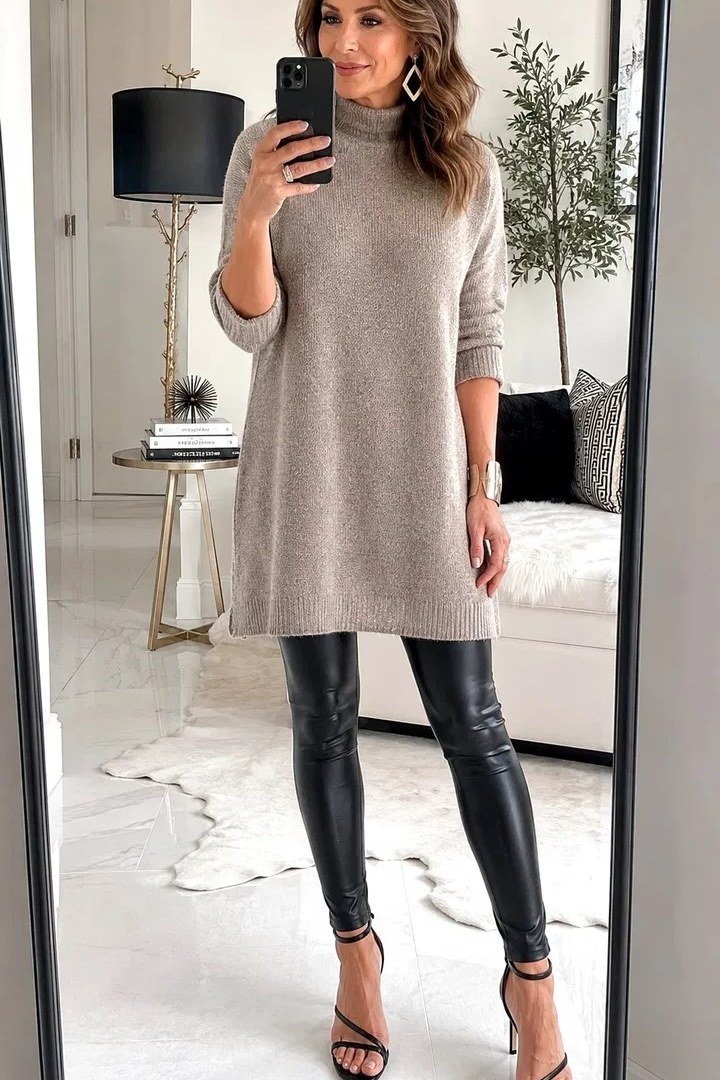 Beige tunic sweater with black leggings, comfortable fall outfit for mature women