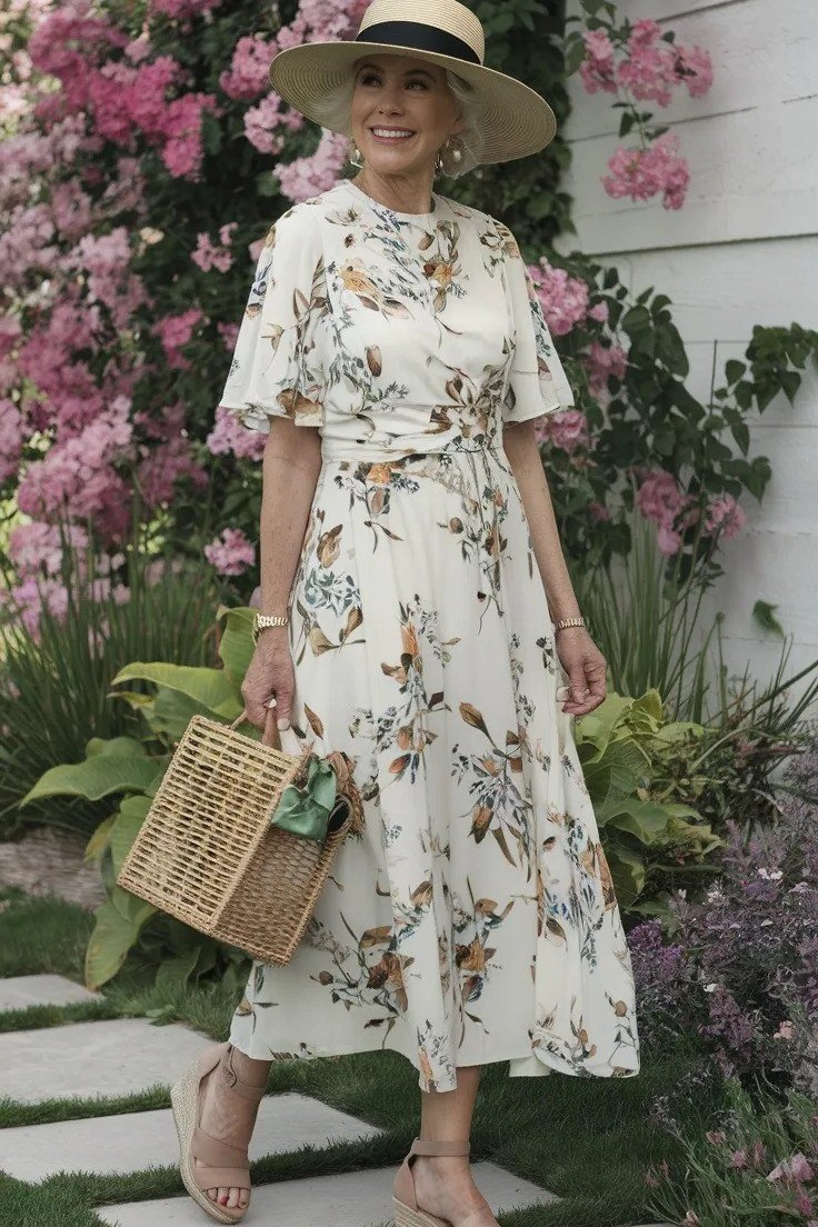 Cream floral midi dress with a straw hat and woven tote in a garden, classic summer style for older women
