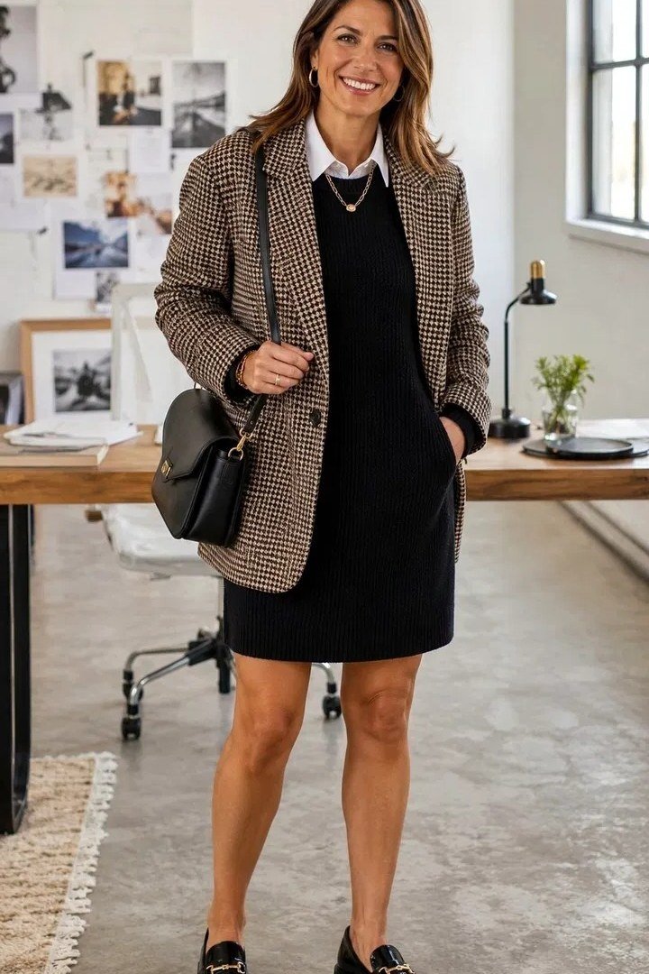 Herringbone blazer with black dress, textured fall outfit for mature women