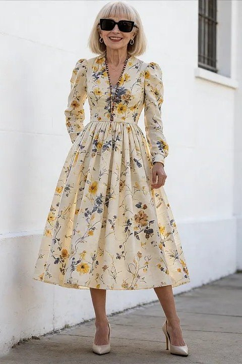 Yellow floral midi dress with long sleeves and sunglasses, sunny summer outfit for mature women