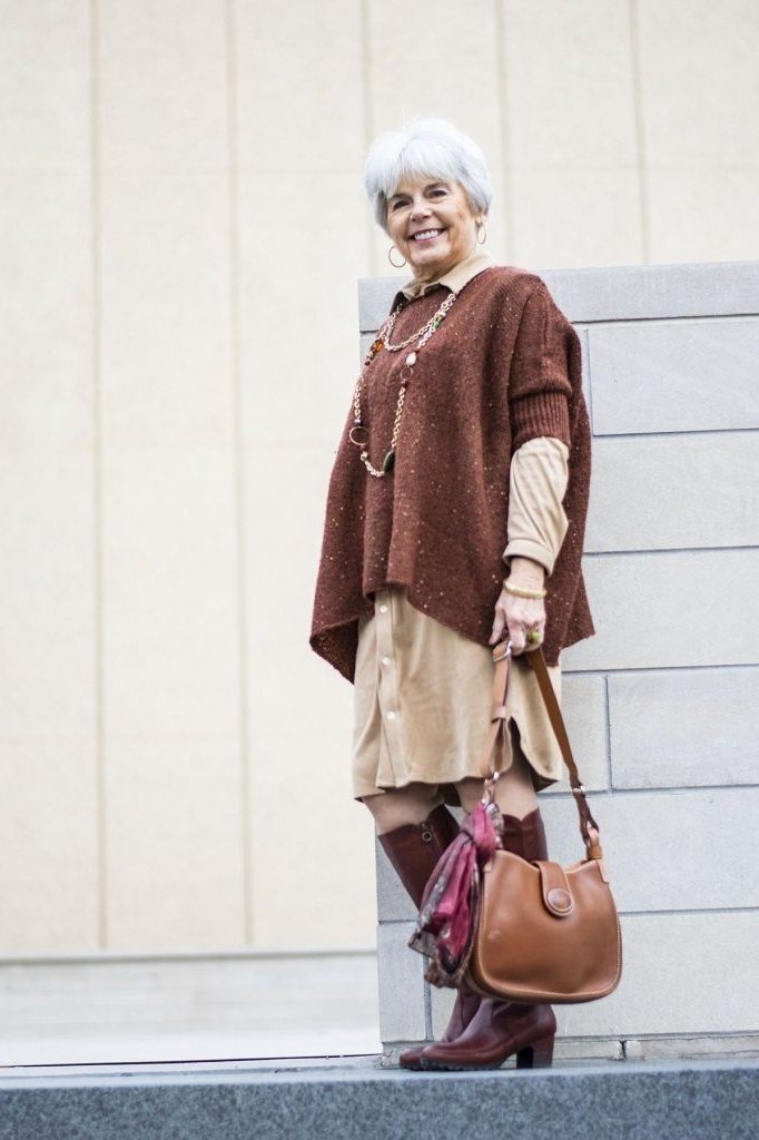 Rust poncho with brown skirt, warm fall outfit for older women