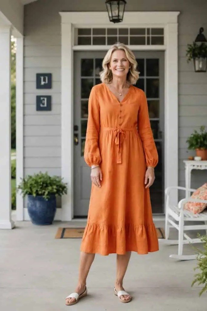 Orange belted midi dress with a tie waist on a porch, cheerful summer dress for women over 60