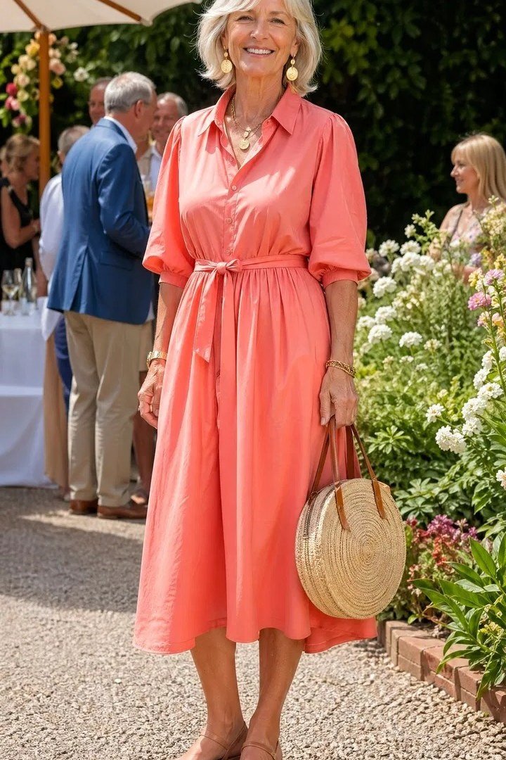 Coral shirt dress with a belt and round straw bag at a garden party, summer outfit for older women