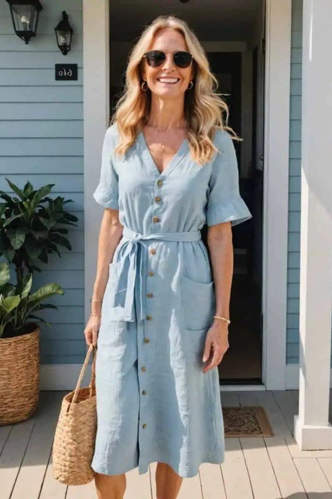 Light blue chambray shirt dress with a tie waist and straw bag on a porch, casual summer dress for women over 60
