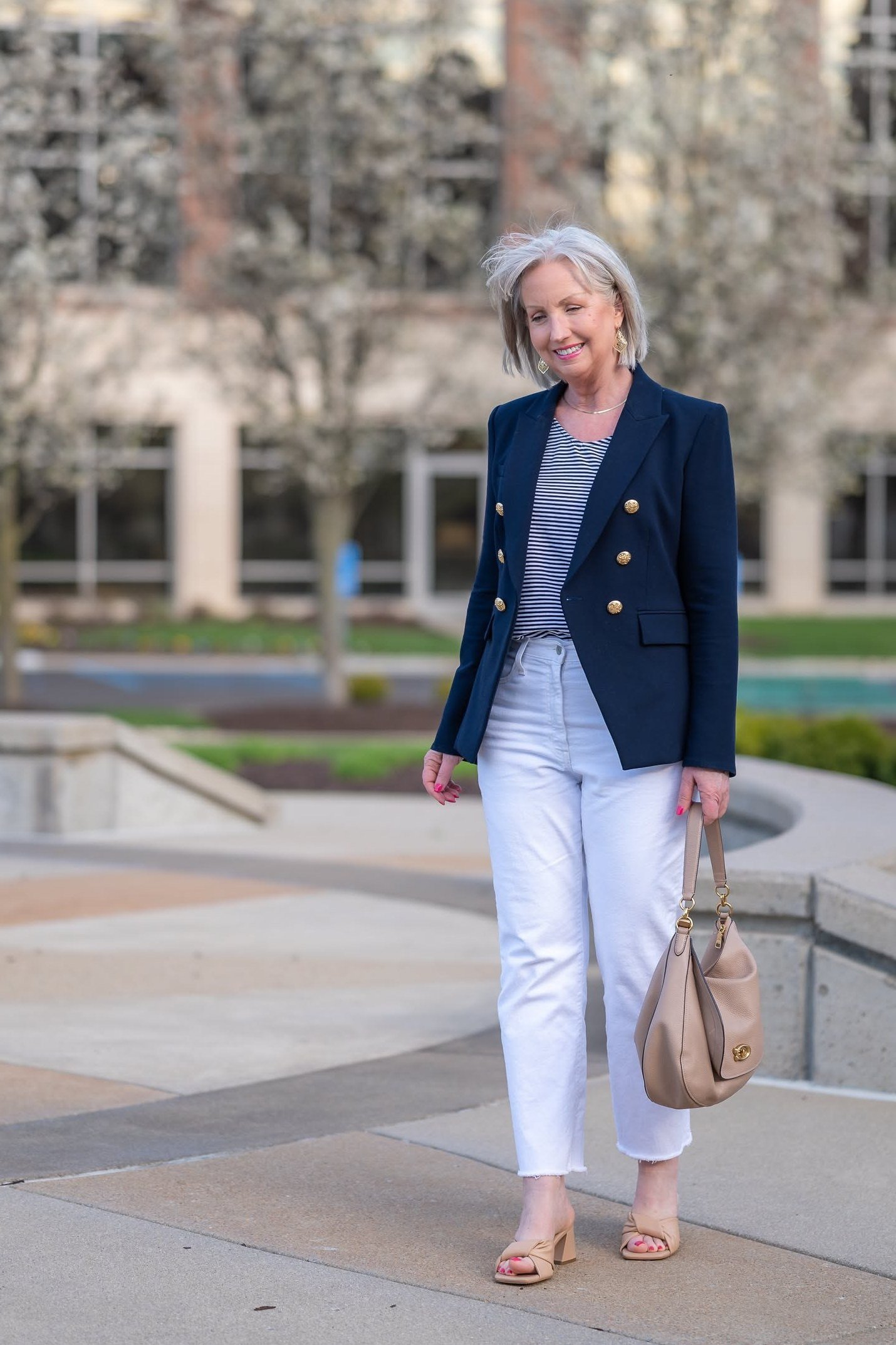 Navy Blazer with White Cropped Jeans - fall jeans outfit for women over 40