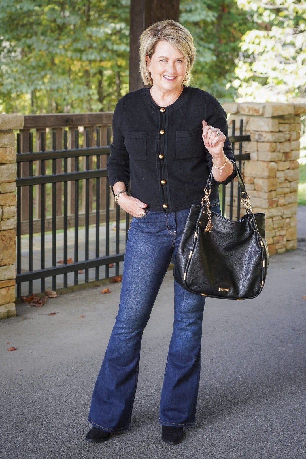 Black Cardigan with Blue Flare Jeans - fall jeans outfit for women over 40