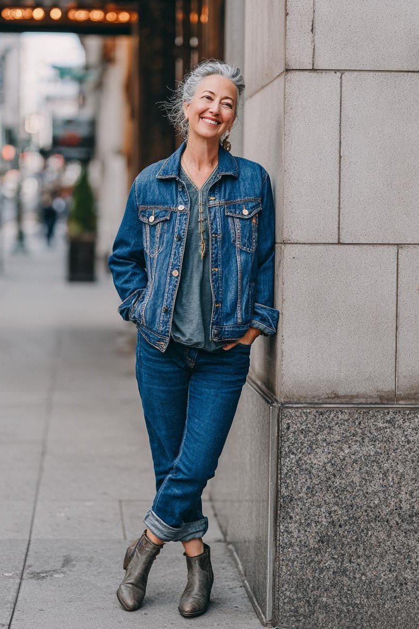 Denim Jacket with Dark Cuffed Jeans - fall jeans outfit for women over 40