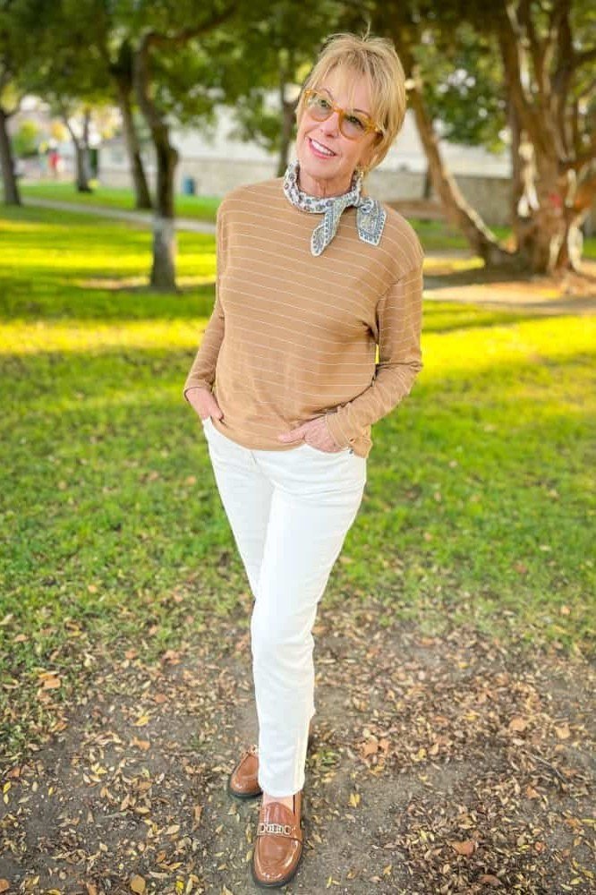 Striped Tan Sweater with White Jeans - fall jeans outfit for women over 40