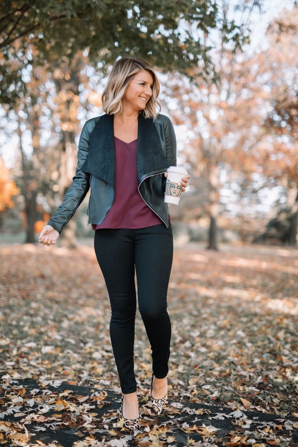 Moto Jacket with Burgundy Top and Black Jeans - fall jeans outfit for women over 40