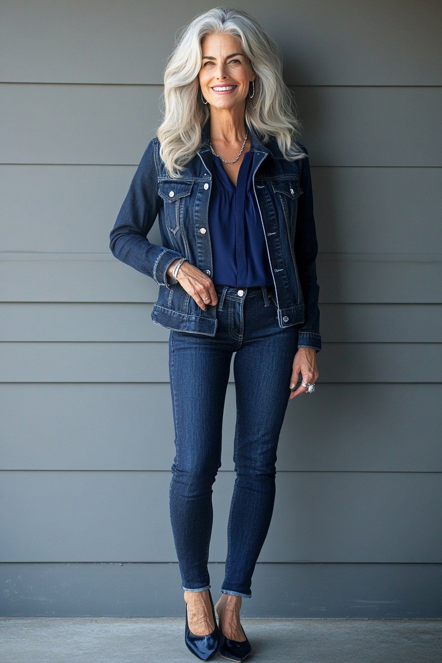 Dark Denim Jacket with Navy Blouse and Jeans - fall jeans outfit for women over 40