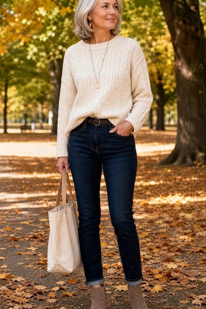 Cream Cable-Knit Sweater with Dark Jeans - fall jeans outfit for women over 40