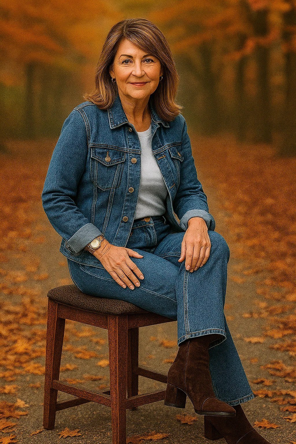 Double Denim with Brown Boots - fall jeans outfit for women over 40