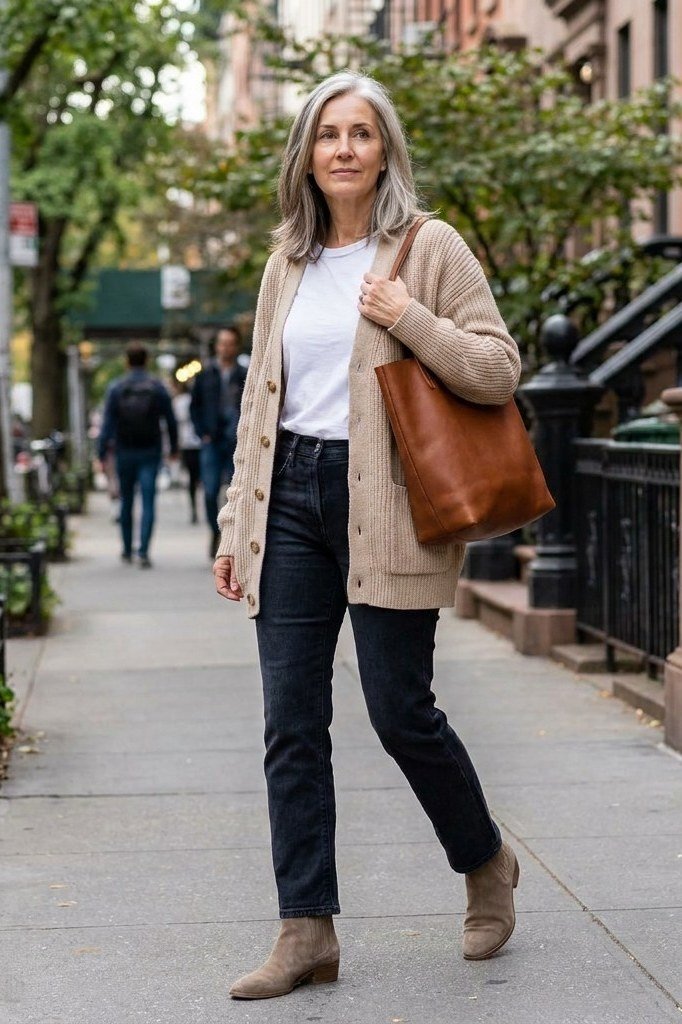 Beige Cardigan with White Tee and Black Jeans - fall jeans outfit for women over 40