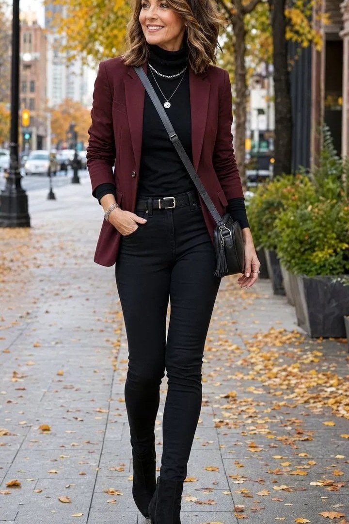 Burgundy Blazer with Black Skinny Jeans - fall jeans outfit for women over 40