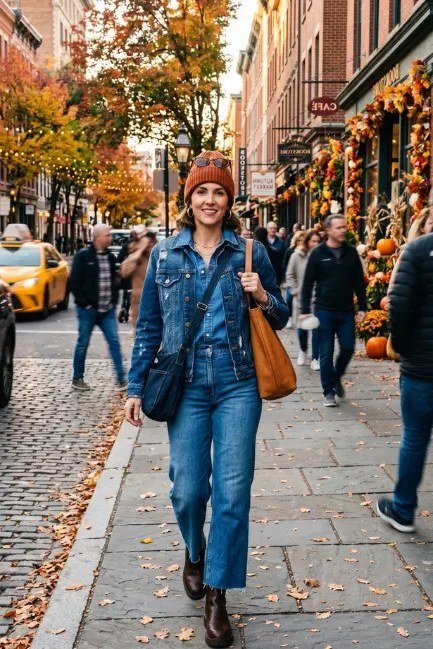 Denim Shirt with Jeans and Beanie - fall jeans outfit for women over 40