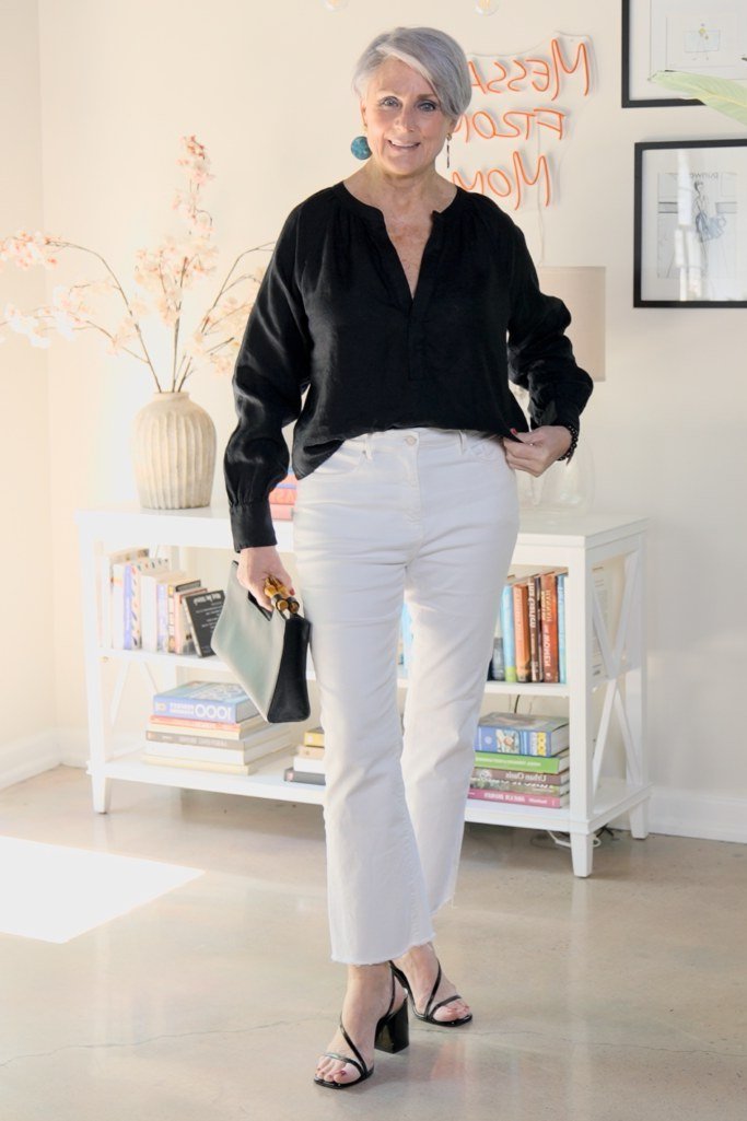 Black Blouse with White Cropped Jeans - fall jeans outfit for women over 40