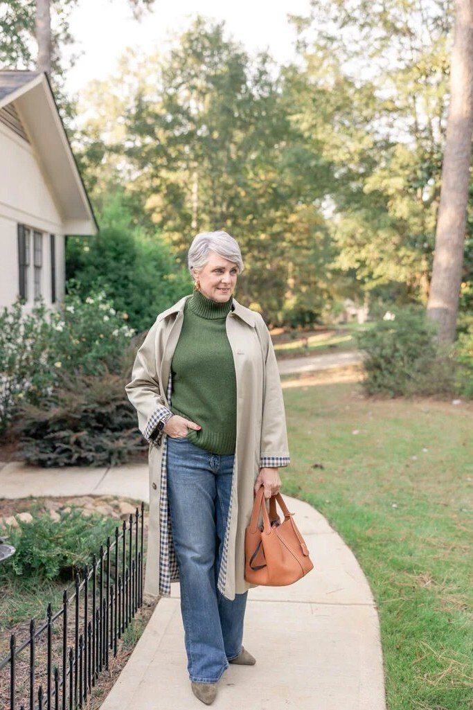 Beige Trench with Green Turtleneck and Jeans - fall jeans outfit for women over 40