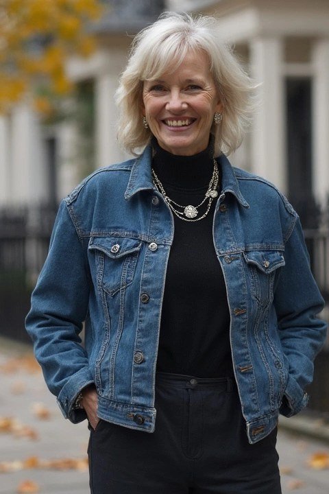 Denim Jacket with Black Turtleneck and Jeans - fall jeans outfit for women over 40