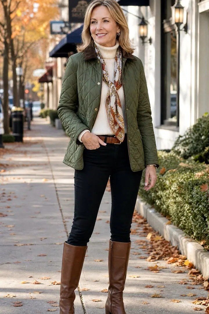 Quilted Olive Jacket with Black Jeans and Tall Boots - fall jeans outfit for women over 40