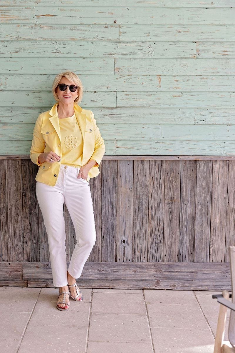 Yellow Blazer with White Jeans - fall jeans outfit for women over 40
