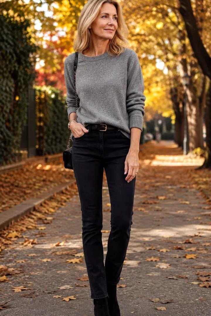 Grey Sweater with Black Jeans - fall jeans outfit for women over 40