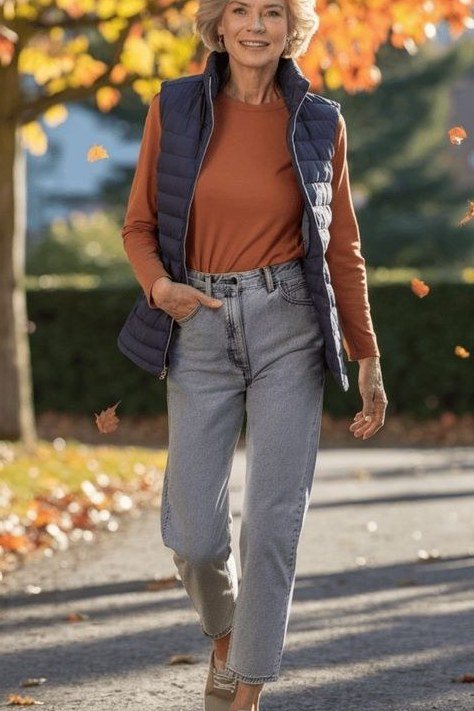 Puffer Vest with Rust Tee and Grey Jeans - fall jeans outfit for women over 40