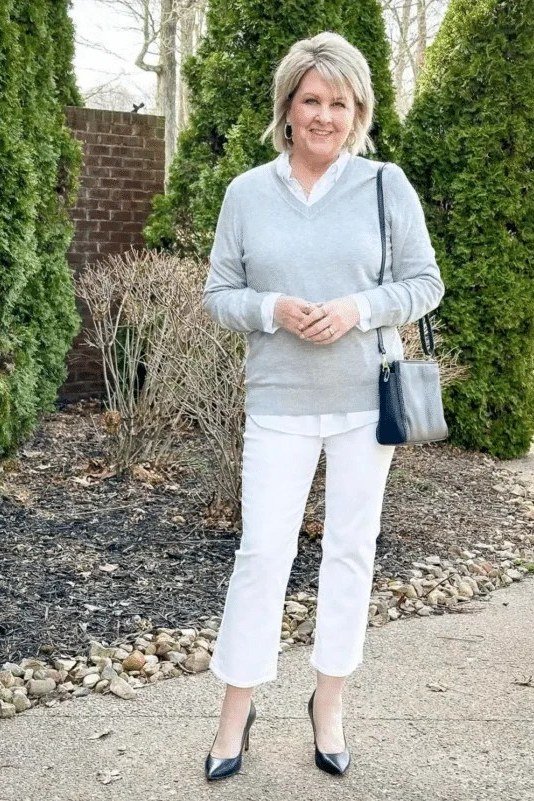 Grey Sweater with White Cropped Jeans - fall jeans outfit for women over 40