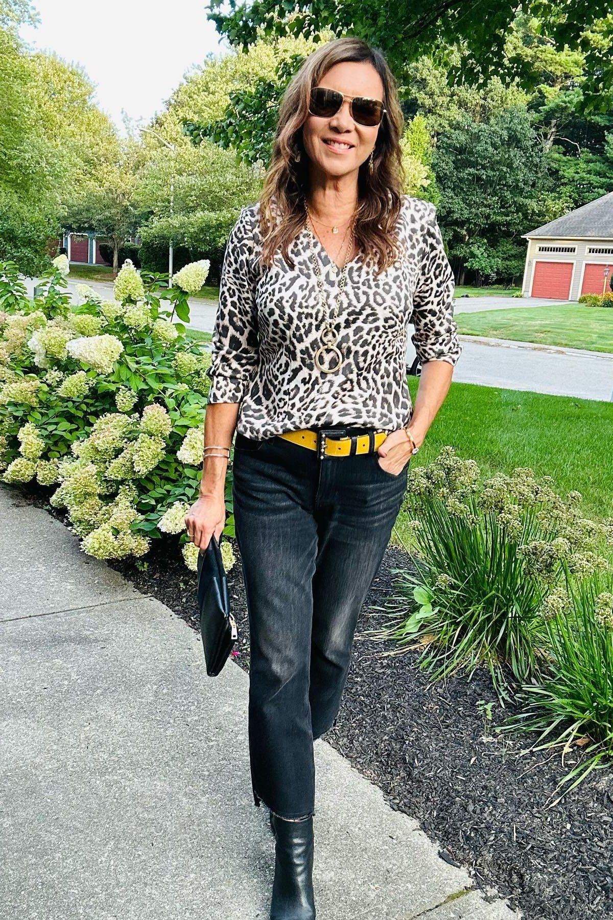 Leopard Top with Black Jeans and Yellow Belt - fall jeans outfit for women over 40