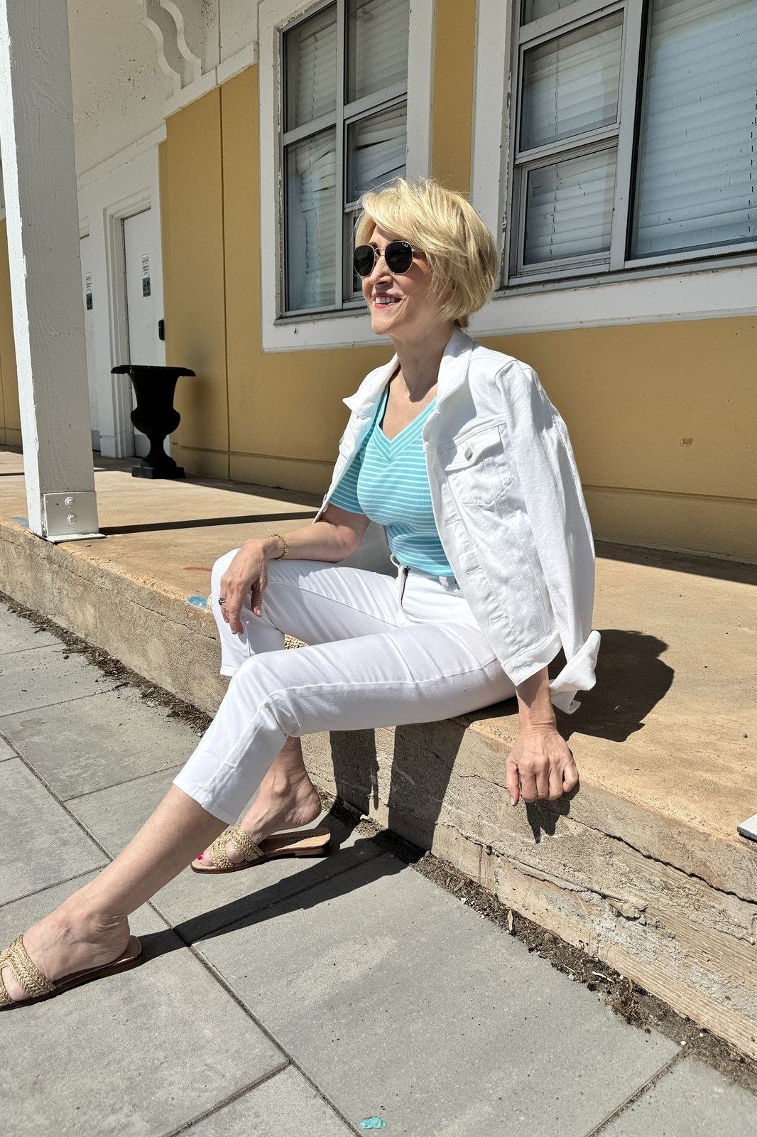 White Denim Jacket with White Cropped Jeans - fall jeans outfit for women over 40
