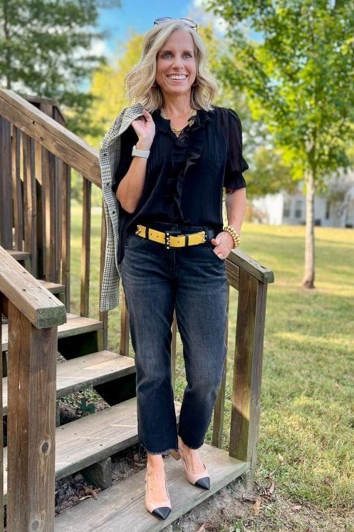 Black Ruffle Blouse with Dark Jeans - fall jeans outfit for women over 40