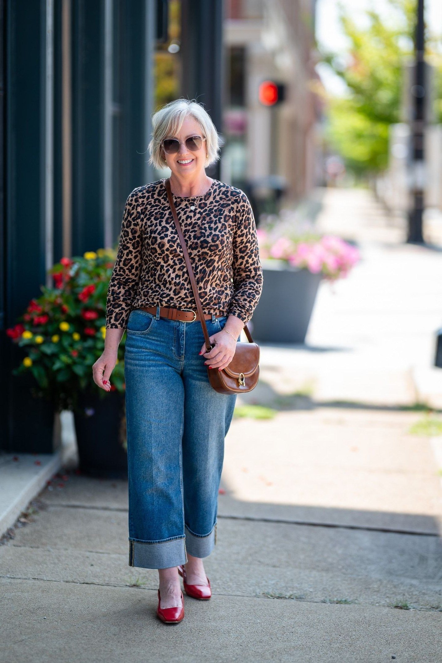 Leopard Sweater with Blue Jeans and Red Flats - fall jeans outfit for women over 40