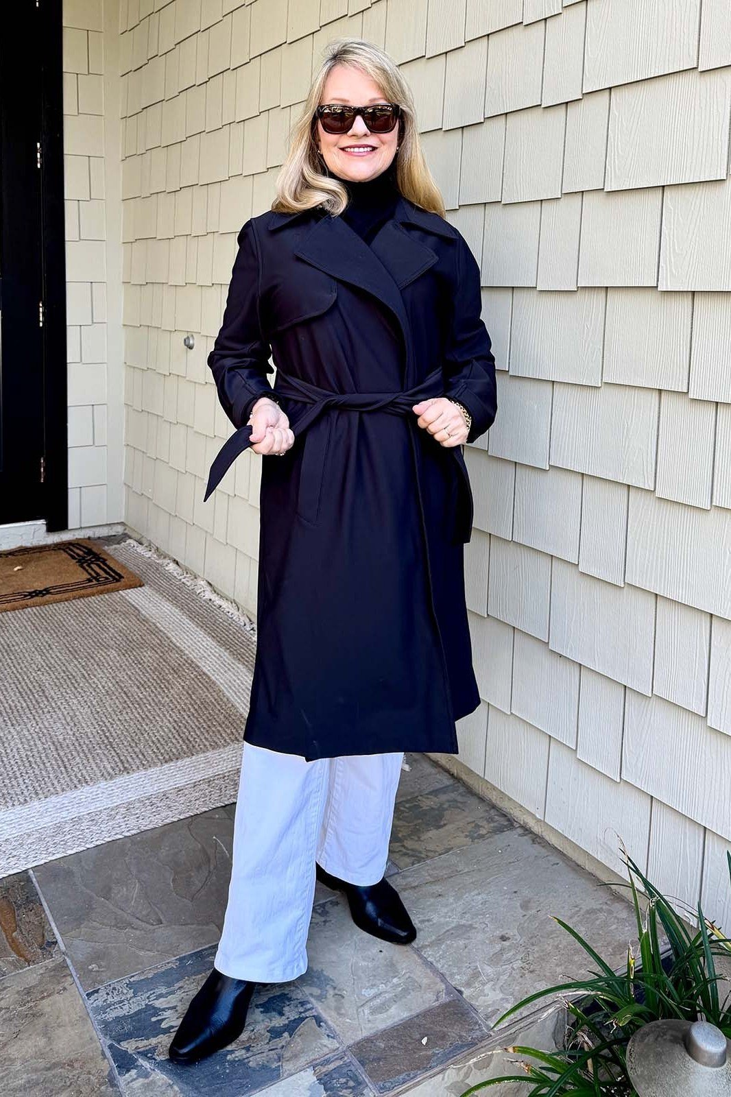 Black Trench with White Jeans - fall jeans outfit for women over 40