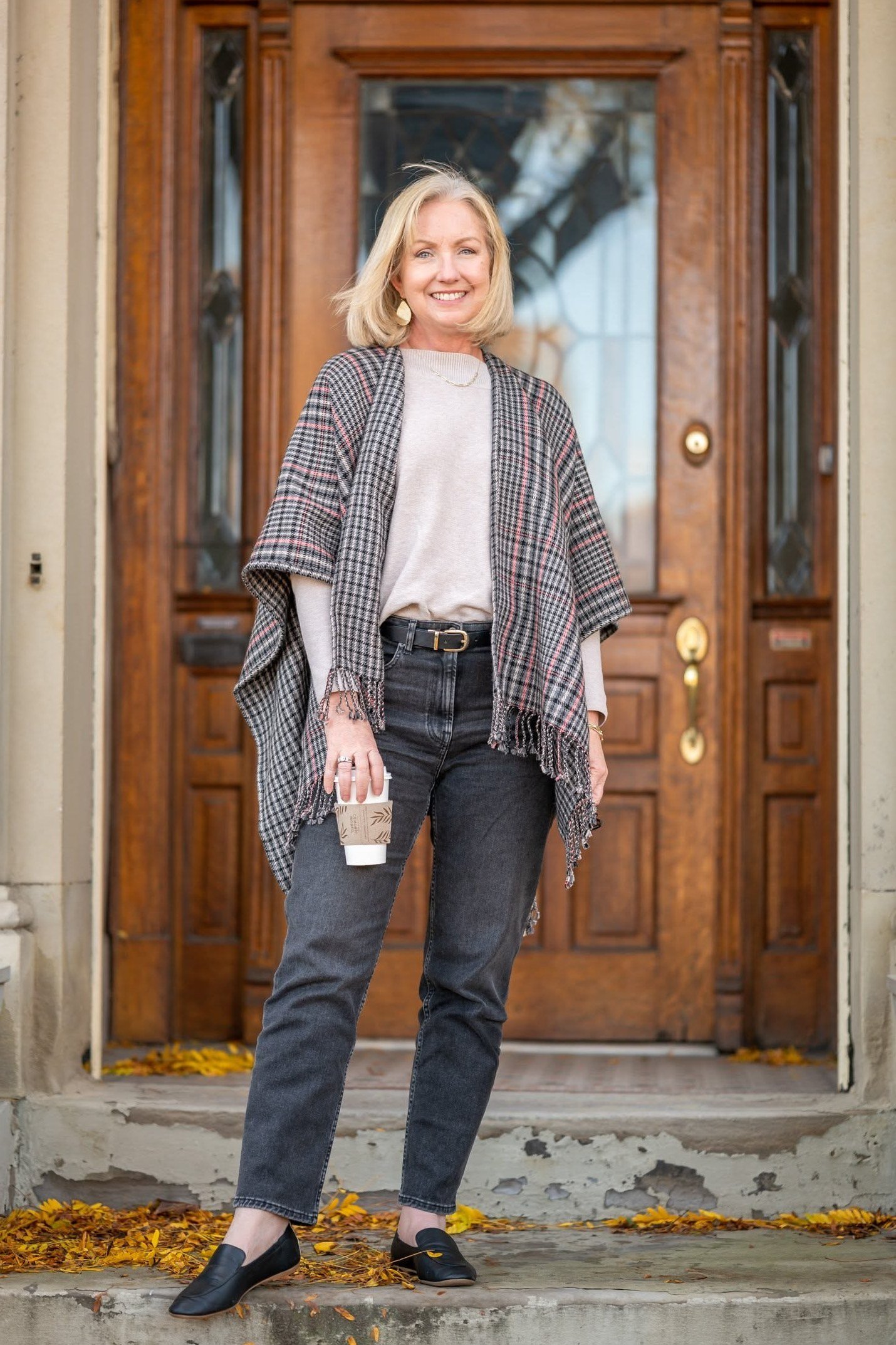 Plaid Shawl with Dark Jeans - fall jeans outfit for women over 40